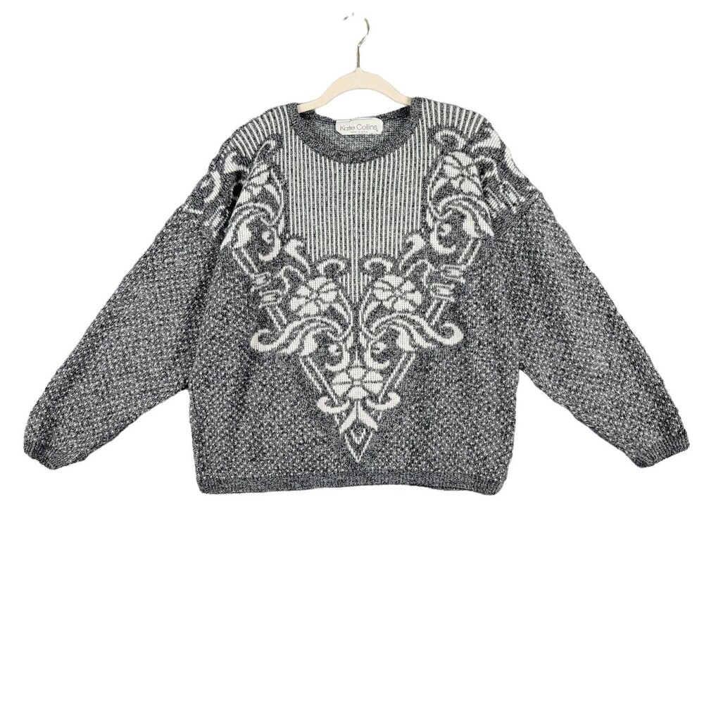 Vtg KATE COLLINS Gray Floral Pullover Sweater Eclectic Academia USA SIZE LARGE